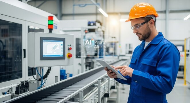 Male engineer using tablet to monitor automated factory assembly line with AI alerts displayed on screen