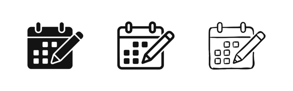 Calendar with pencil icon set in solid, outline and sketch styles
