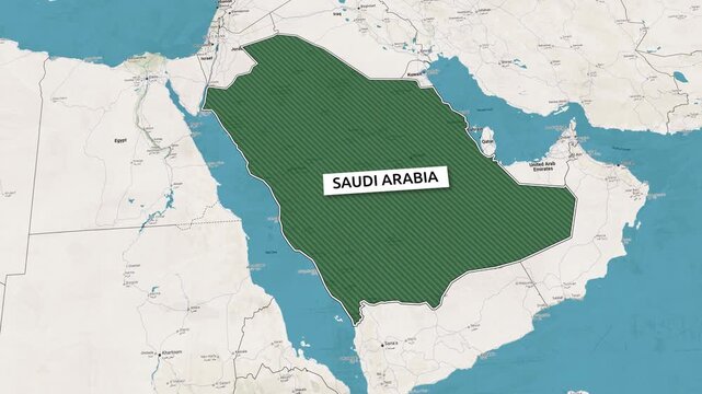 Borders of the state of Saudi Arabia on the map. Country Saudi Arabia on the map is highlighted by a polygonal border. Map animation. From above zooming in with panoramic view