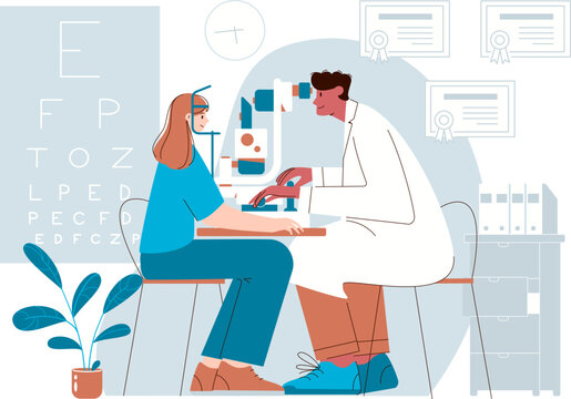 Ophthalmologist examines a patient's eyes. Ophthalmology concept. Flat cartoon vector illustration.
