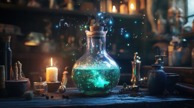 Mystical potion in a glass flask, surrounded by alchemical tools and candles in a dimly lit laboratory