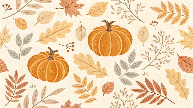 Seamless pattern with pumpkins and autumn leaves on a light background