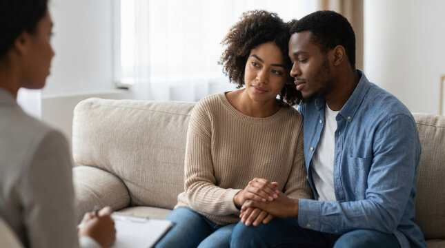 African american couple sitting on couch during therapy session with psychologist. Woman and man holding hands while receiving emotional support. Counseling for relationship problem concept.