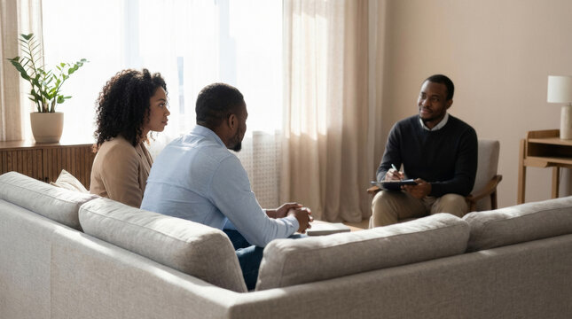 African american couple sitting on sofa talking to professional therapist. Young husband and woman at session with psychologist. Mental health support and counseling for married partner.