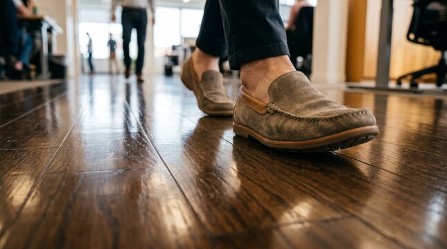 Close up of person walking on polished wooden floor in modern office environment