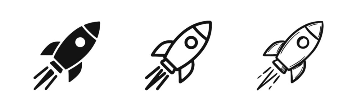 Rocket launch icon set, startup growth and space exploration symbols in solid, outline, and hand-drawn styles.