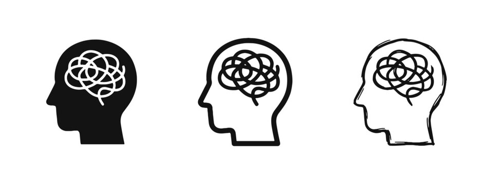 Mental confusion and stress icon set, human head with tangled brain in solid, outline, and hand-drawn styles.