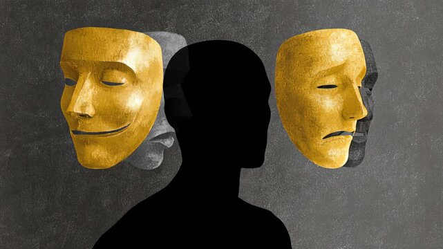 Silhouette Holding Alternating Gold and Silver Expression Masks in Neutral Interior