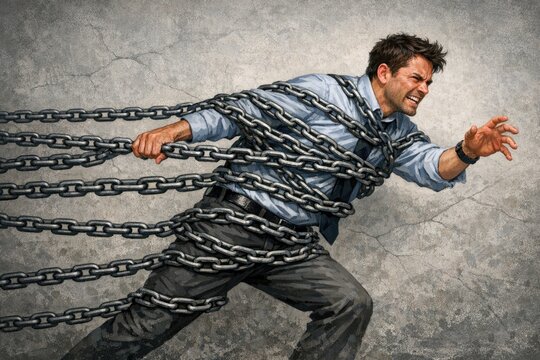 A person wearing a blue shirt is locked to chains, potentially suggesting captivity or confinement