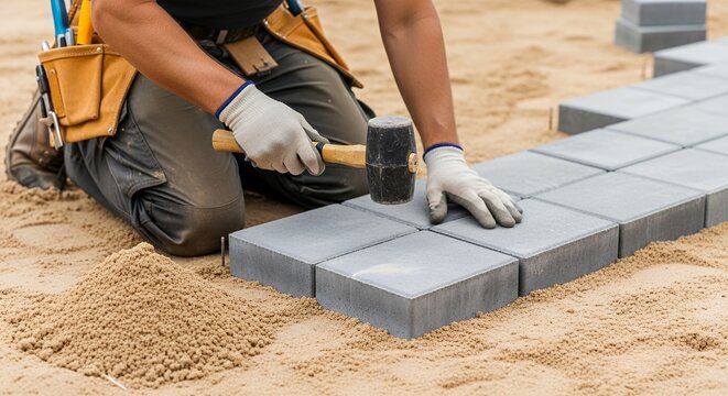 Construction worker laying interlocking concrete pavers on sandy surface