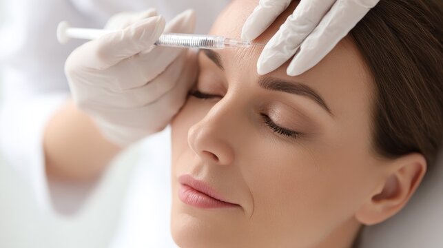Macro shot of artisanal cosmetics applied to a client's forehead in a treatment room