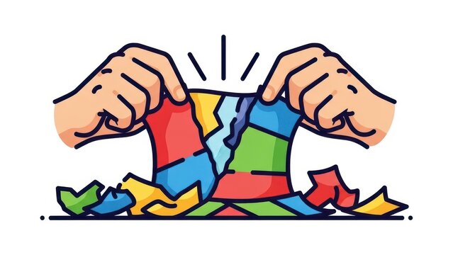 Hands Tearing Apart Colorful Puzzle Pieces Symbolizing Frustration.