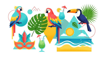 Fototapeta premium Vibrant illustration featuring tropical birds, a carnival mask, exotic leaves, and beach elements, evoking a festive and summery atmosphere.