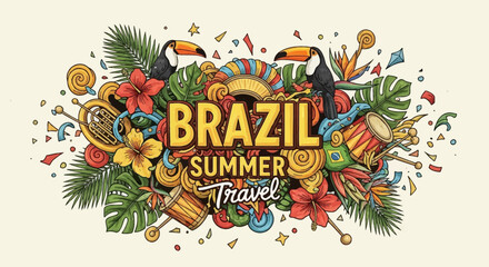 Fototapeta premium Vibrant hand-drawn illustration for Brazil summer travel with toucans, tropical leaves, flowers, and musical instruments.