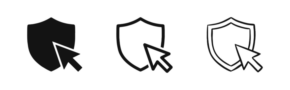 Cyber security and protection icon set with shield and cursor in three different artistic styles
