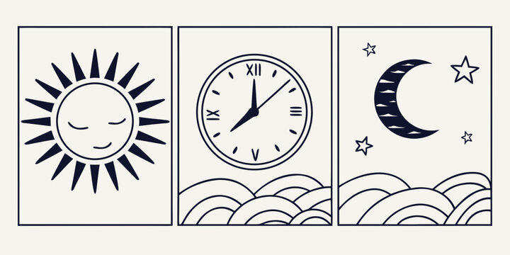 Sun clock and moon illustrations with wave like shapes vector graphic