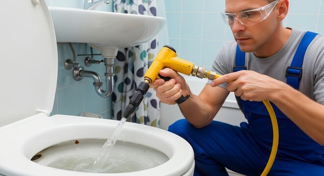 Plumber using hydro jetting to unclog toilet in home bathroom