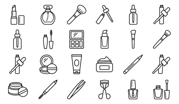 Minimalist cosmetic line icons, set of 24 makeup and skincare vector symbols, black outline beauty product illustrations for packaging design
