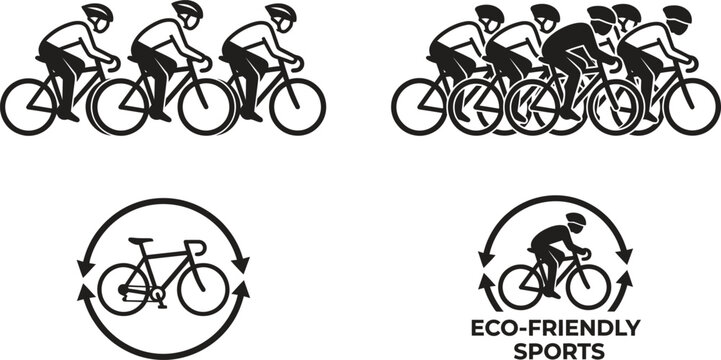 Minimalist black and white vector icon set featuring groups of cyclists, a peloton, and a bicycle circle symbol for sports and eco-friendly themes.