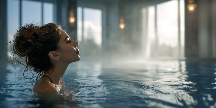 Young woman with messy hair bun, eyes closed,  relaxes peacefully in a steaming indoor swimming pool during a bright sunny afternoon while enjoying a quiet luxury spa treatment, portrait indoors