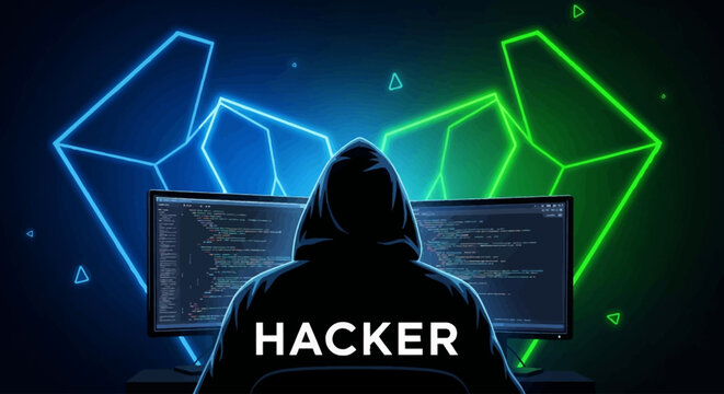A hacker wearing a hoodie sits in front of multiple computer monitors displaying code, with a neon geometric background.