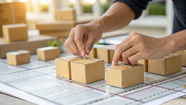 Hands sealing small cardboard boxes with tape on a table filled with packing materials, suggesting shipping or packaging work.