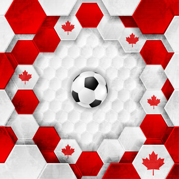 Geometric hexagonal football background with Canadian flag colors, grunge texture and soccer ball. Sport vector design for championship 2026