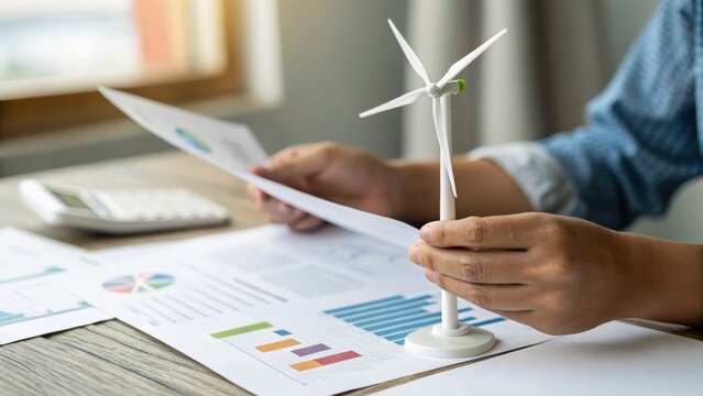 Person holding a small wind turbine model while reviewing financial and business charts at a desk near a window.