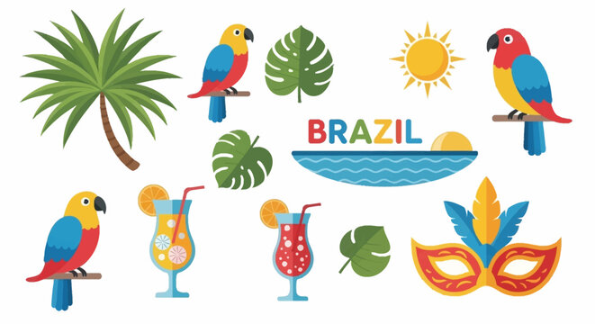 Vibrant collection of Brazilian cultural symbols including parrots, tropical leaves, cocktails, a carnival mask, and the word Brazil with a sun and ocean.