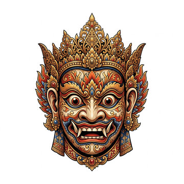 Traditional Topeng Malang Mask Detailed Illustration, East Java Indonesia Sacred Dance Mask with Gold Crown and Flame Ornaments, White Background