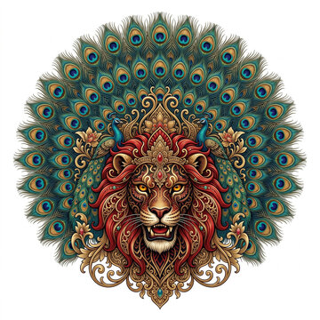 Reog Ponorogo Dadak Merak Illustration, East Java Indonesia Lion Peacock Headdress with Spectacular Iridescent Peacock Feather Crown, White Background