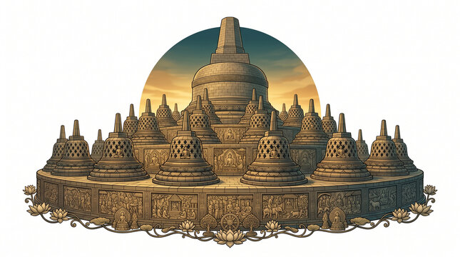 Borobudur Temple Detailed Illustration, UNESCO World Heritage Buddhist Monument of Central Java Indonesia with Bell Stupas and Relief Panels at Sunrise