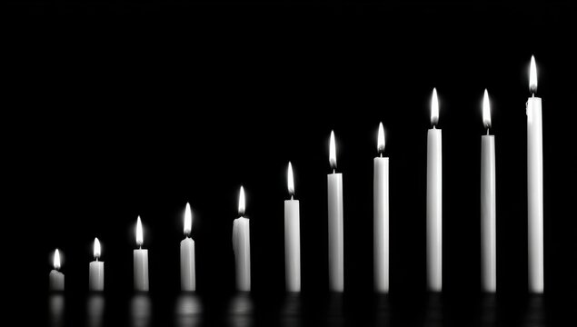 A Row of Lit Candles of Varying Heights Against a Black Background.