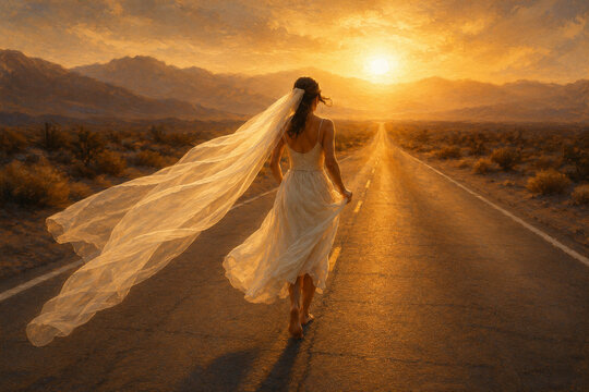 Bride walking down a desert road toward the sunset
