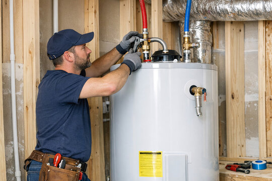 A worker wearing blue jeans and a cap is installing parts of a furnace or heating system inside a building with exposed wooden studs.