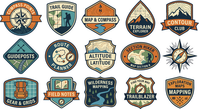A collection of vintage outdoor adventure and exploration badges featuring maps, compasses, mountains, hikers, and wilderness elements.