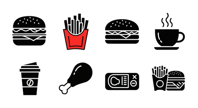 Collection of black silhouette icons representing various fast food items and beverages on a white background.
