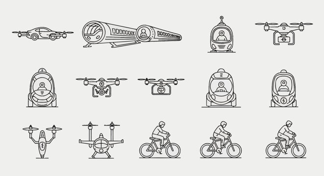 A collection of futuristic and modern transportation icons, including flying cars, drones, hyperloop, and bicycles.
