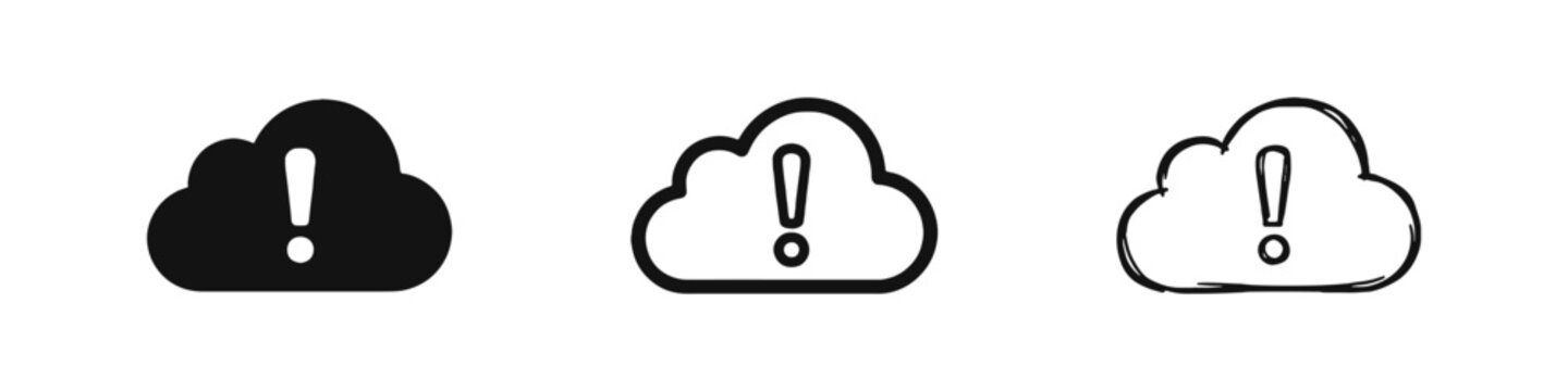 Cloud error warning icon set with exclamation mark in flat, line and sketch versions
