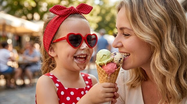 Happy mother and little daughter laughing while eating ice cream cone together outdoors, summer family vacation