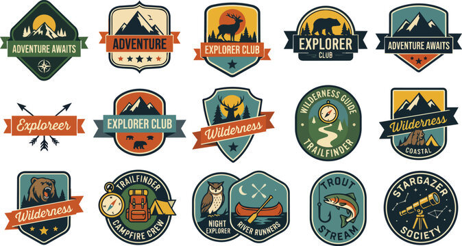 Diverse vintage style outdoor adventure emblems feature exploration themes like mountain trekking forest camping river canoeing and night sky stargazing These unique badges suit clubs and groups
