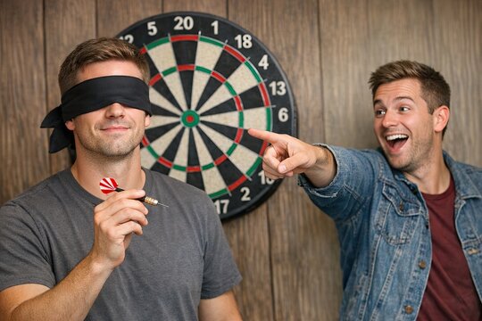 Two men wearing blindfolds play a game of darts, focusing on skill rather than sight