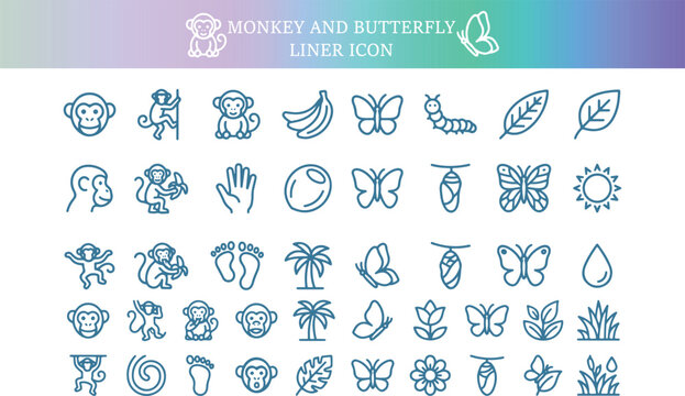 Monkey and butterfly nature wildlife icon set with butterfly