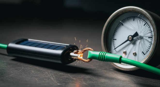 Sparks from a short circuit on a solar charging device next to a broken gauge representing electrical failure and danger