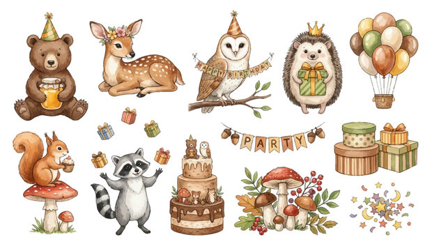 Watercolor forest celebration set with bear, owl and woodland birthday elements. Collection of Vector illustrations for invitation, card, poster, banner, decoration