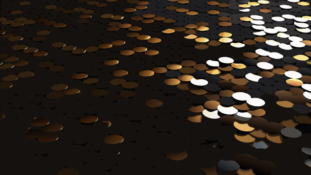 Overlapping circles pattern in gold black and white a digitally rendered abstract background texture geometric digital render three dimensional spheres disks shapes