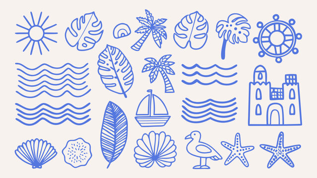 Tropical themed vector illustration featuring sun palm leaves shells waves and nautical elements in blue lines beach coastal marine ocean sea