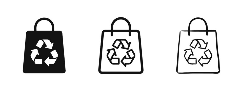 Eco-Friendly Recyclable Shopping Bag Icon Set Illustrating Sustainable Retail and Green Packaging