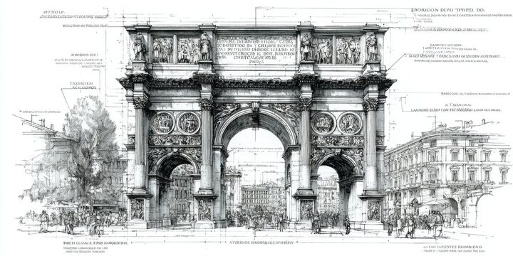 Detailed Architectural Drawing of the Arch of Constantine in Rome.