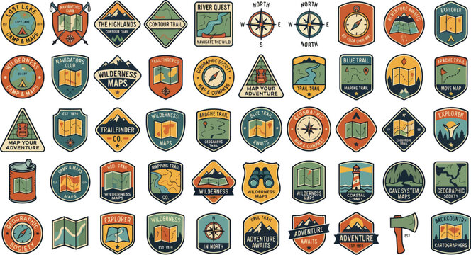 A diverse assembly of retro outdoor adventure badges and travel emblems designed for exploration themed branding and wilderness journey projects These vintage style insignia are perfect for